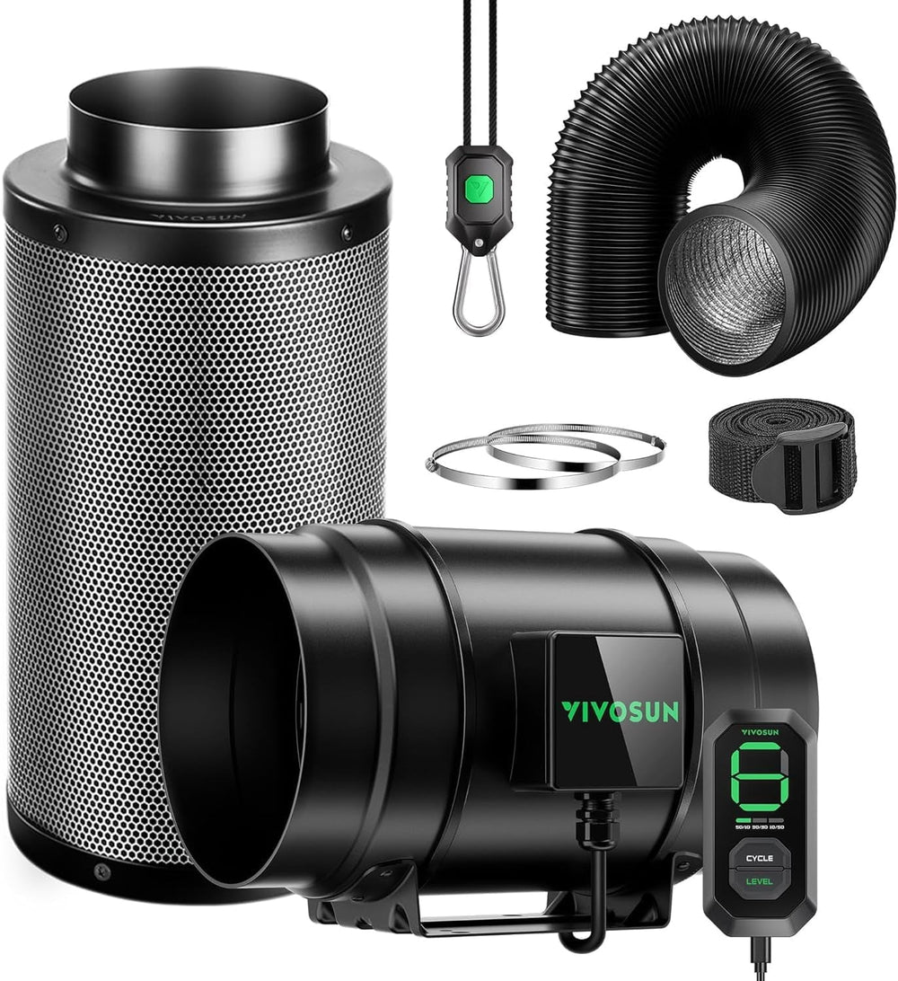 VIVOSUN Kit Ventilator Inline Inteligent 100mm/Evacuare AeroZesh G4 cu GrowHub E42A+, Controler de Temperatură și Umiditate, Telecomandă WiFi/Aplicație, Filtru de Cărbune Activ și Furtun pentru Corturi de Cultivare și Hidroponie