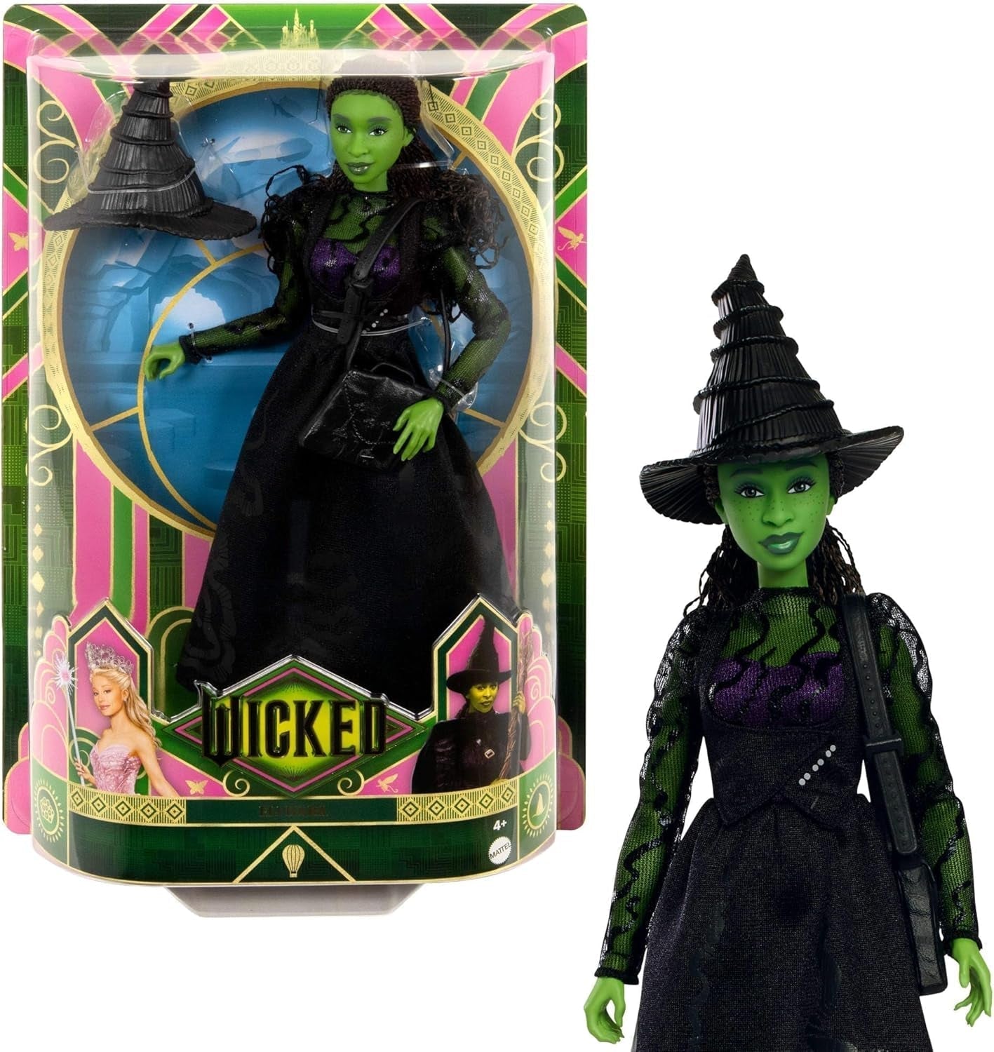 Mattel Wicked Elphaba păpușă de modă și accesorii cu piele verde, păr negru împletit, diferite poziții posibile și aspect de rochie de bal extensibilă, HXT62, [Multicolor] Papusi Naty Shop Titlu implicit