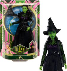 Păpușă de modă Mattel Wicked Elphaba și accesorii cu piele verde, păr negru împletit, diverse poziții posibile și aspect de rochie de bal detașabilă, HXT62, [Multicoloră]