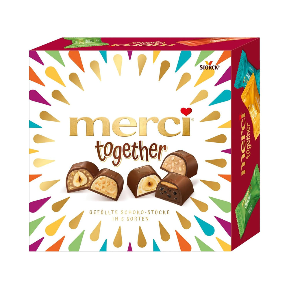 Merci Together – 1 x 175g – Gefüllte Pralinen in fünf Sorten mit feiner Vollmilchschokolade – Schokoladenpralinen zum Teilen und Verschenken