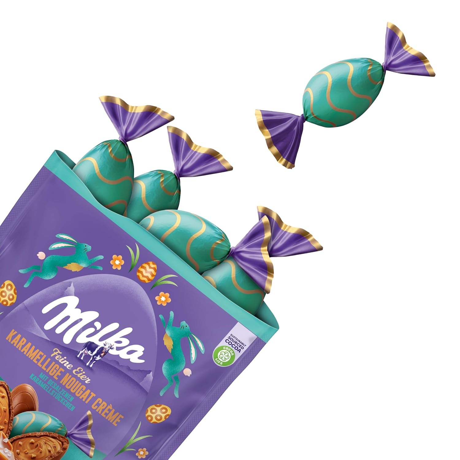 Milka feine Eier – gefüllt mit Karamellcreme und Nougat und gesalzenen Karamellstückchen – 90g