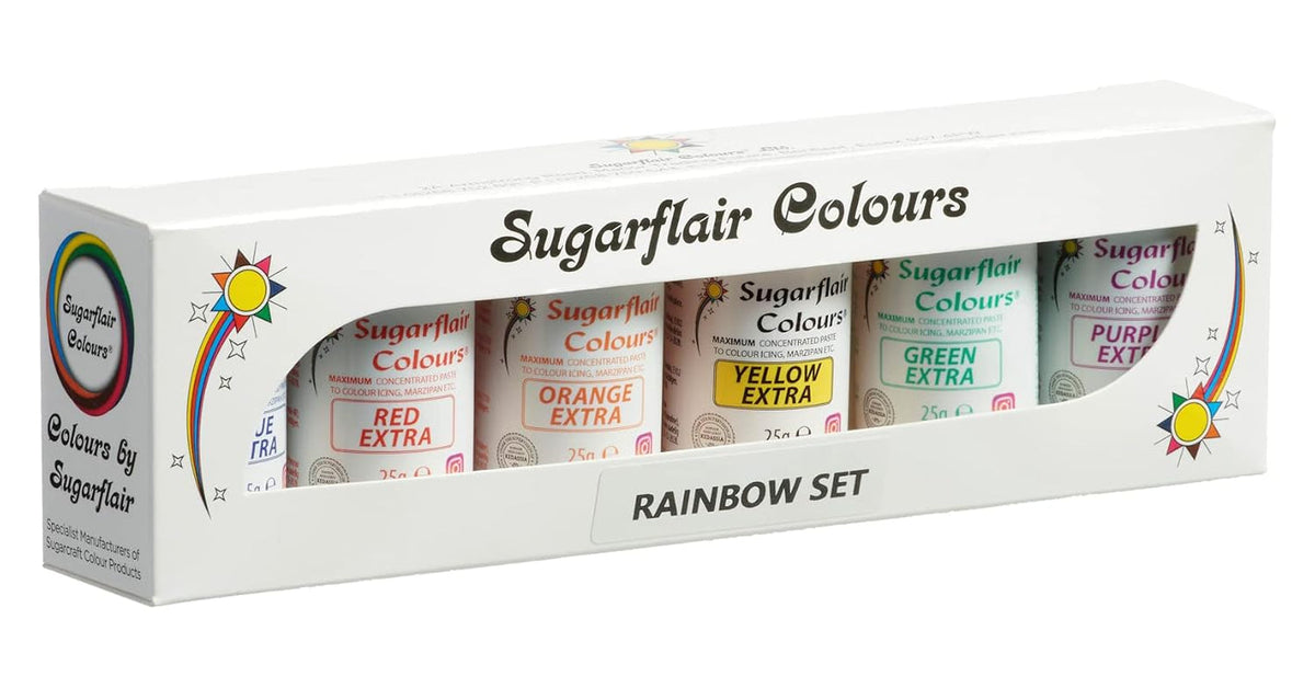 Set de coloranți alimentari Sugarflair Max Concentrated/6, colorant alimentar în pastă Max Concentrate, EXTRA albastru, roșu, portocaliu, galben, verde, violet - 6x25g