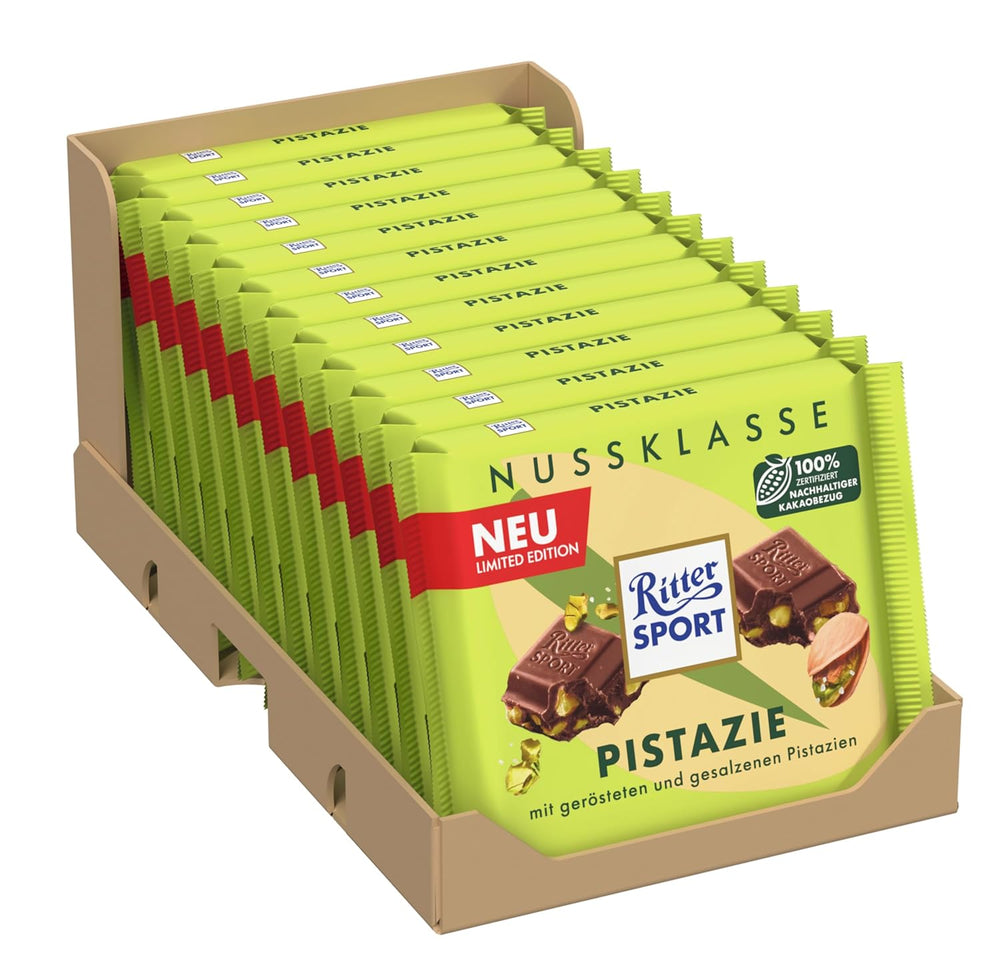 Ritter Sport Pistazie, Milchschokolade mit feinen Pistazienstückchen, ein Schokoladenklassiker, perfekt zum Naschen und Genießen, eine tolle Geschenkidee, 12 Tafeln x 100g