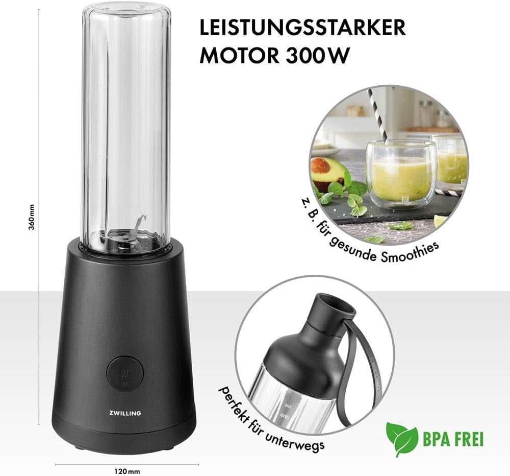 ZWILLING Standmixer, Smoothie Maker, inkl. Trinkflasche mit Verschluss, 600 ml, 300 Watt, Edelstahl/Kunststoff, Schwarz Kitchen Naty Shop