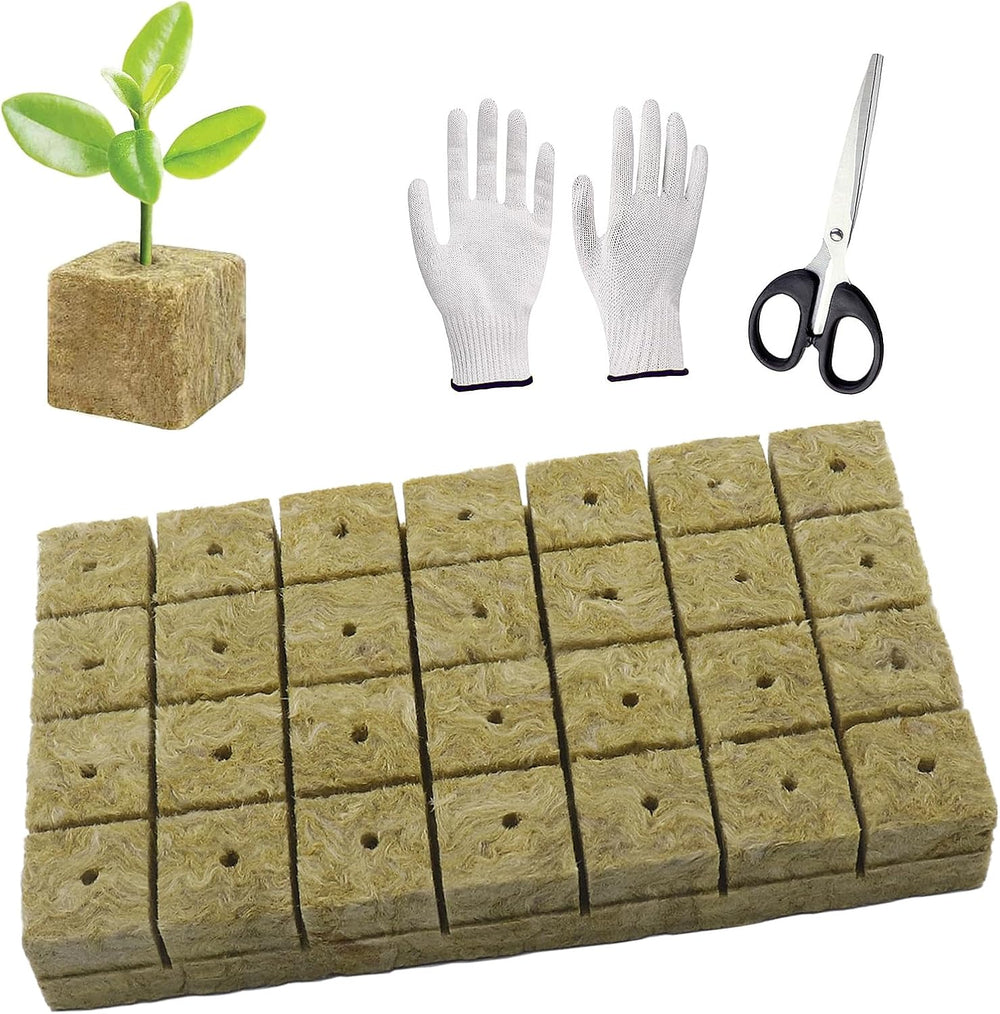 50 Stück Mineralwolle-Wachstumsmatte, Mineralwolle-Würfel, Mineralwolle-Isolierung, Mineralwolle-Wachstumsmatte mit Schere und Handschuhen für erdlosen Anbau, Hydrokultur und Umpflanzung