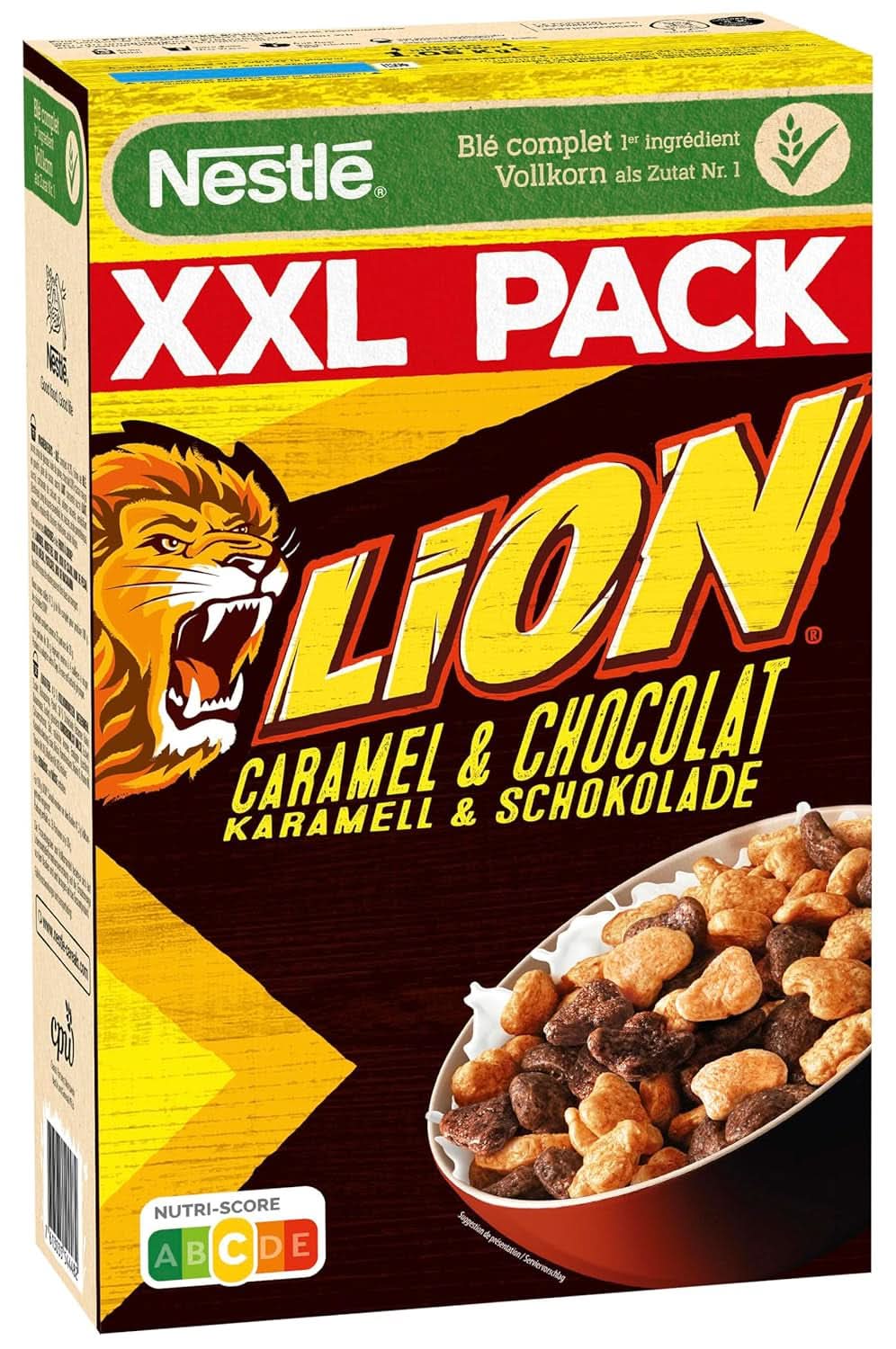 Müsli NESTLE LION, Schokoladenmüsli mit Karamell und 41 % Vollkornmehl, Set 3 x 1 kg Cereal Naty Shop