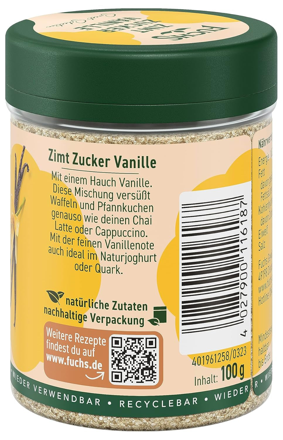 Fuchs Gewürze - Zimt Zucker Vanille - Gewürze zum Versüßen von Wafeln, Milchgetränken oder Joghurt - aus natürlichen Zutaten - 100 g in wiederverwendbarer, recyclebarer Dose