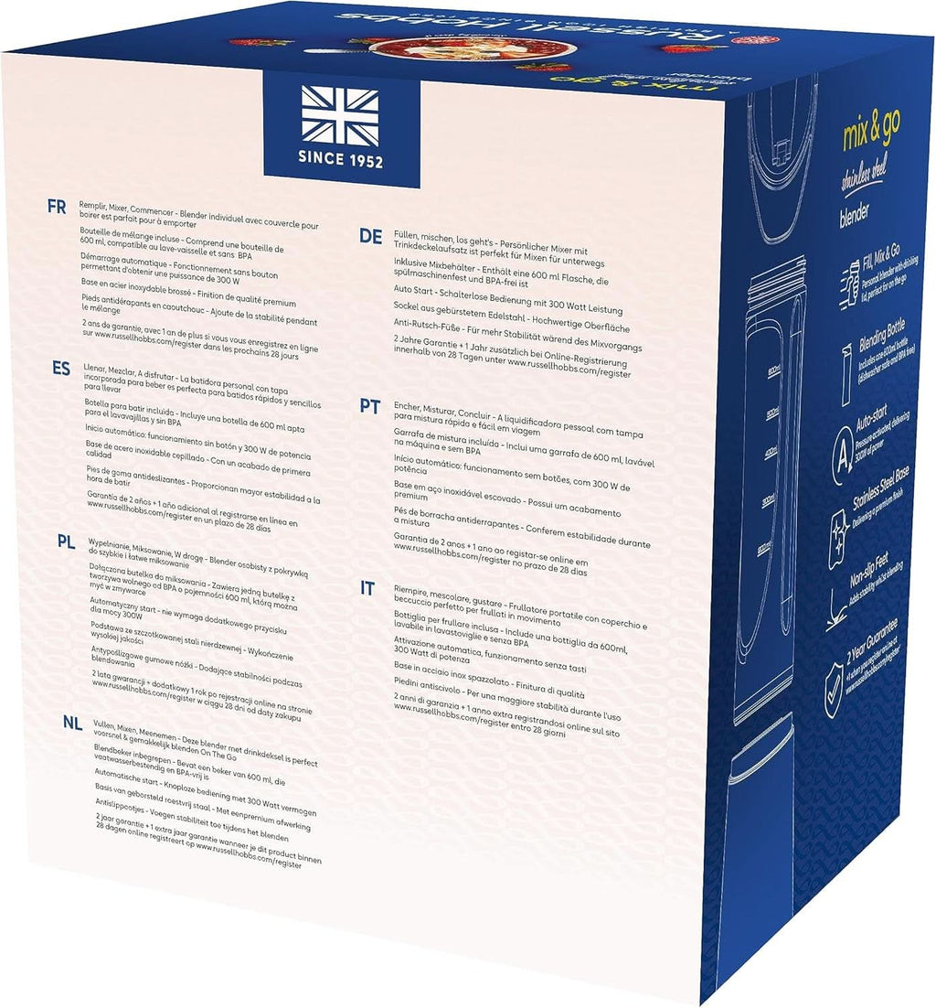 Russell Hobbs Mixer - Standmixer & Smoothie Maker to Go [23.500 U/Min Power-Motor] Inkl. 1X Mixbehälter 600Ml (Bpa-Frei, Spülmaschinen- & Bruchfest Inkl. Deckel) Zerkleinerer, Edelstahl, 23472-56 Bucatarie Naty Shop