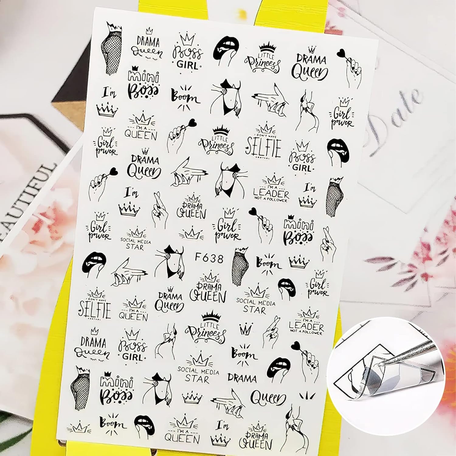 7 Blätter Nagelsticker Selbstklebend Nagelsticker Blumen Abstrakt 3D Schwarz Nagelaufkleber Nageldesign Herzform Wörter Pflanzen Nagel Sticker DIY Nail Art Zubehör Maniküre Dekoration