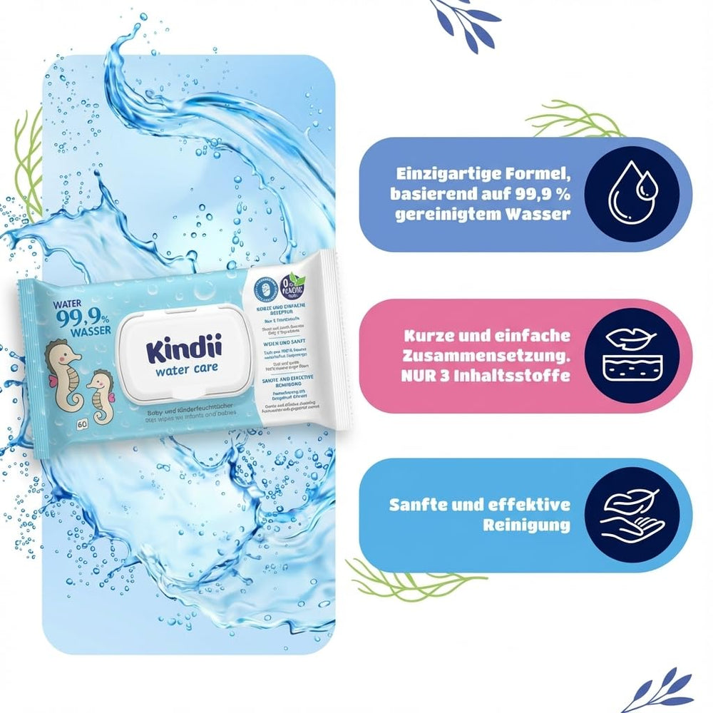 Kindii Water Care Feuchttücher – Aqua Baby Wipes – 100 % Viskose, 99,9 % Wasser, Grapefruit-Extrakt, Schalgröße 150 x 200, 100 % biologisch abbaubar, plastikfrei, Reinigungstücher für empfindliche Haut