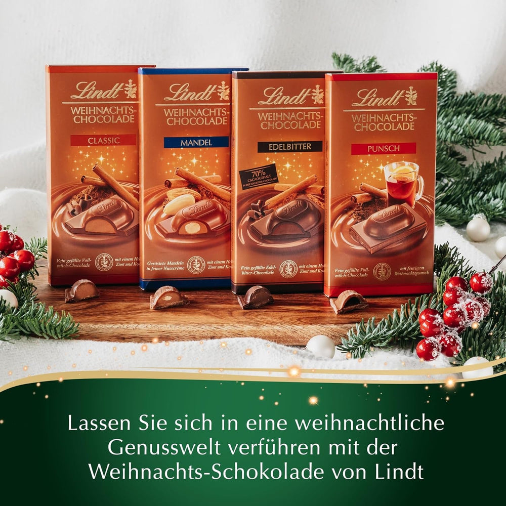 Baton de ciocolată Lindt cu migdale de Crăciun | 100 g | Migdale în cremă de nuci acoperite cu cea mai fină ciocolată cu lapte | Cadou de ciocolată de Crăciun