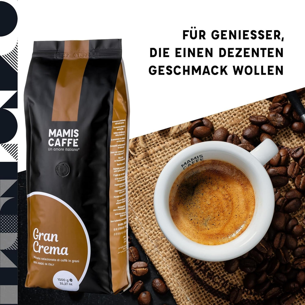 Mamis Caffè Gran Crema, boabe de espresso întregi - 100% boabe Arabica, aromă fructată, ciocolatie, ușor dulce, prăjire medie și cremă groasă, cultivate în Brazilia și Columbia Cafea Naty Shop