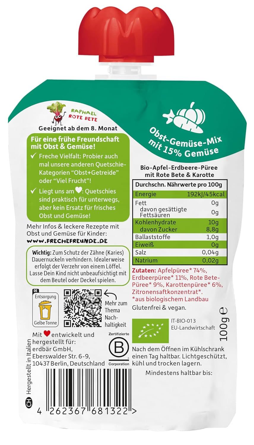 FRECHE FREUNDE Bio-Quetsch-Früchtebeutel mit Äpfeln, Erdbeeren, Roter Bete und Karotte, Obst- und Gemüsepüree im Quetschbeutel für Babys ab 6 Monaten, vegan, 6er-Pack (6 x 100 g)