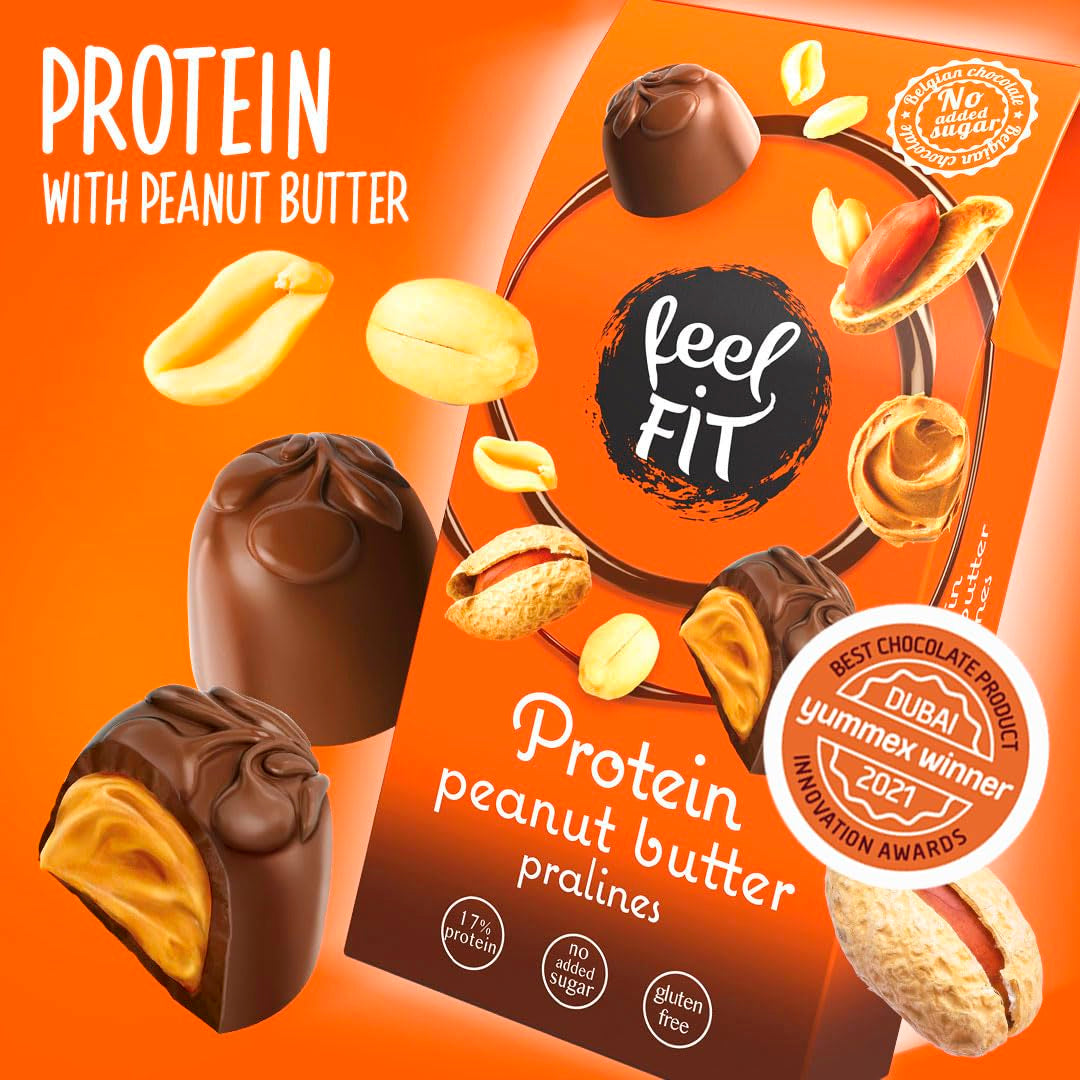 Feel FIT Erdnussbutter-Protein-Pralinen in hochwertiger Milchschokolade, ohne Zuckerzusatz, 17 % Protein, glutenfrei, 66 g (1 Packung)