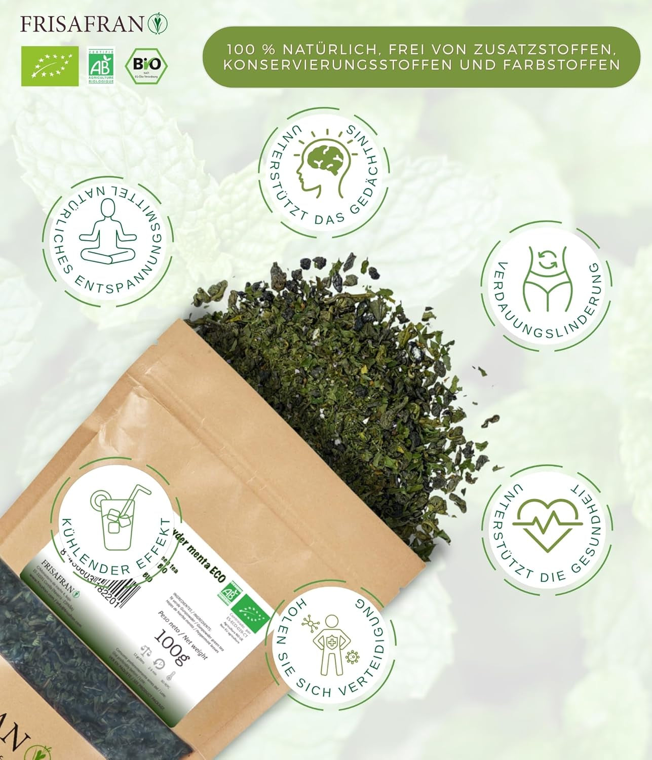 FRISAFRAN | Ceai verde Gunpowder cu mentă bio, vrac, 100 g | Antioxidant | Ceai verde japonez | Digestiv | Sănătos | Băutură răcoritoare | Infuzie de mentă | Ceai pur | Frunze de mentă | Cald-rece | Mentă
