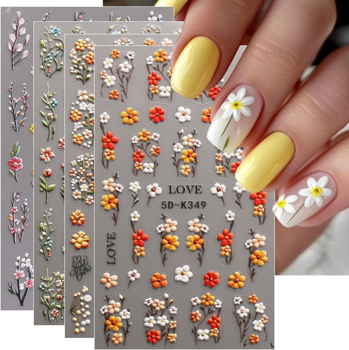 JMEOWIO 3D Nagelsticker Blumen Nail Art Sticker Selbstklebend Nagelaufkleber 5D Stereoskopisch Herbst Blumen Dekoration Nageldesign Zubehör 4 Blatt