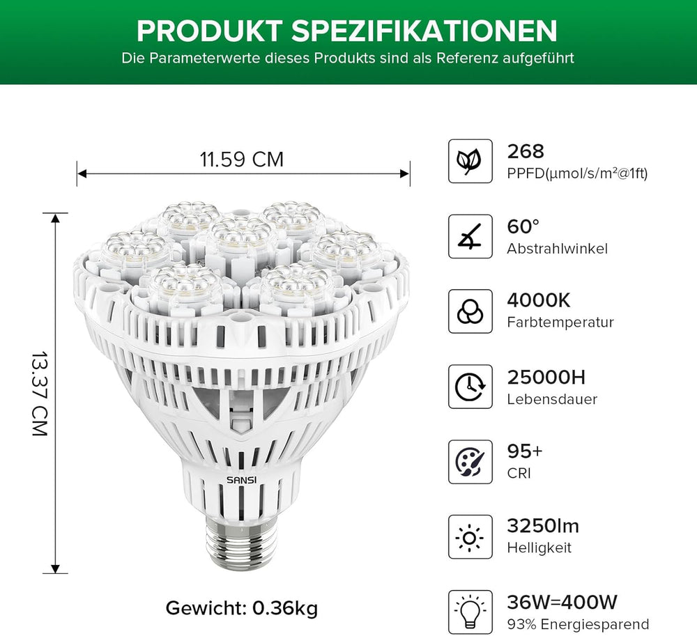 SANSI 36 W Vollspektrum E27 LED-Wachstumslicht für Zimmerpflanzen, hohe PPFD-Wachstumslampen für Gewächshaus, Garten, Blumen, Gemüse, Hydrokultur, Größe Ø 11,5 x 13,3 cm