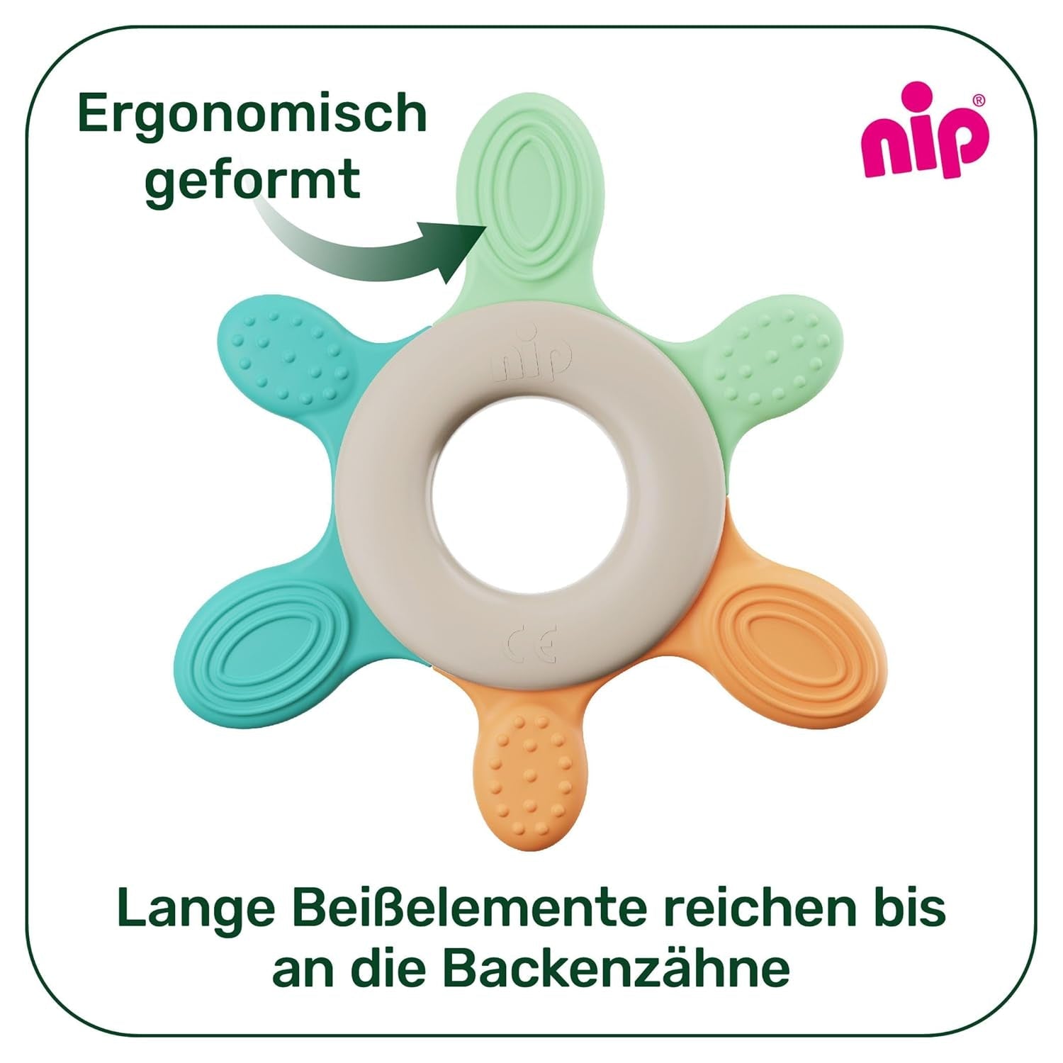 nip – Inel de dentiție | Inel de dentiție sustenabil pentru bebeluși de la 3 luni, fabricat din peste 65% materii prime naturale. Pentru masajul ușor al gingiilor, limbii și dinților | Roșu/Verde/Portocaliu