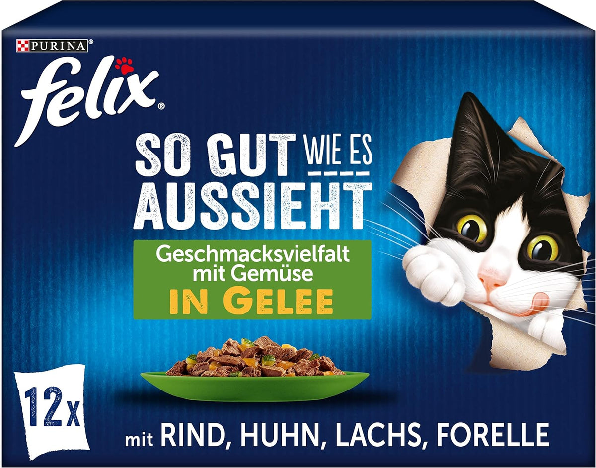 Felix So gut wie es aussieht Katzenfutter nass in Gelee, Sorten-Mix, 6er Pack (6 x 12 Beutel à 85g)