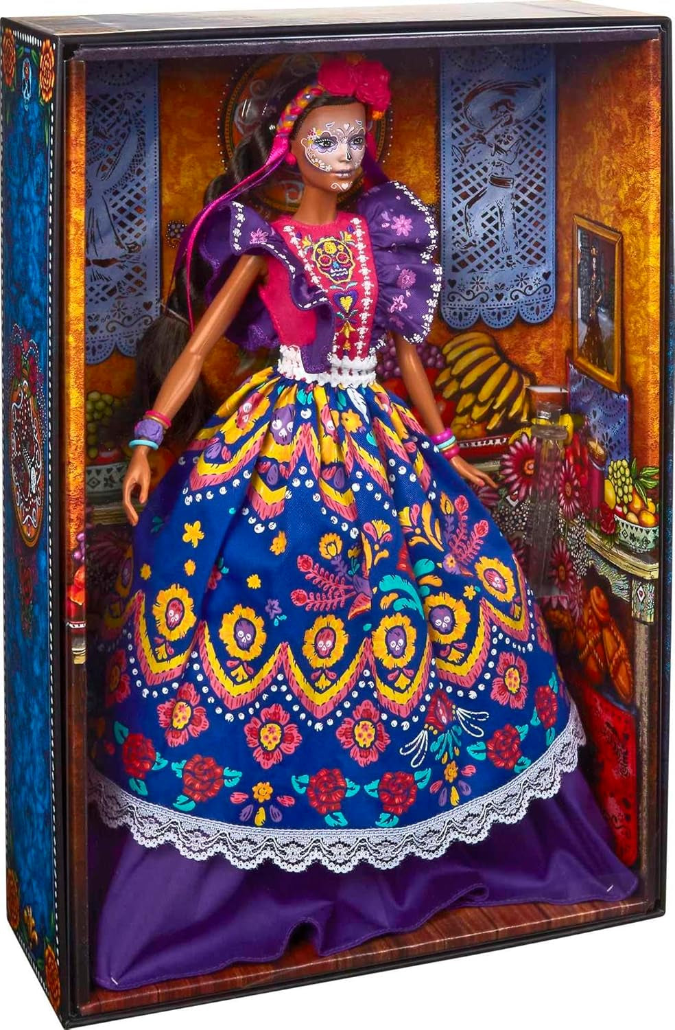 Păpușă Barbie 2022 Día De Muertos cu rochie tradițională cu volane, coroană de flori și vopsea facială Calavera, cadou pentru colecționari