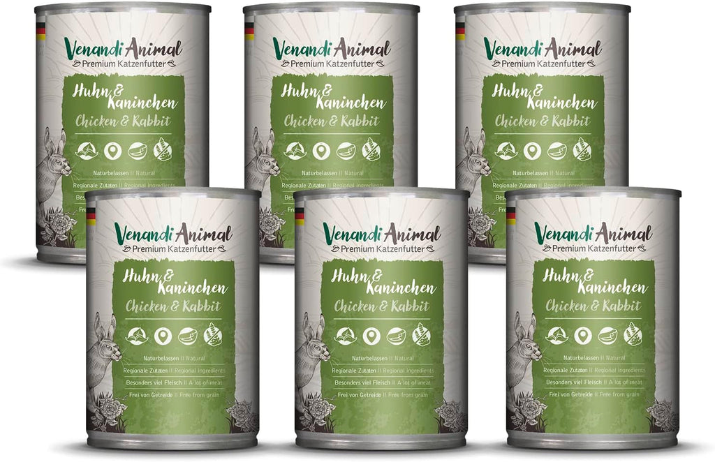 Venandi Animal Premium Hrană umedă pentru pisici, Tasting Pack III, pui, curcan, vită, pui + iepure, vițel, curcan, 6 X 200 G, fără cereale și naturală, 1.2 Kg