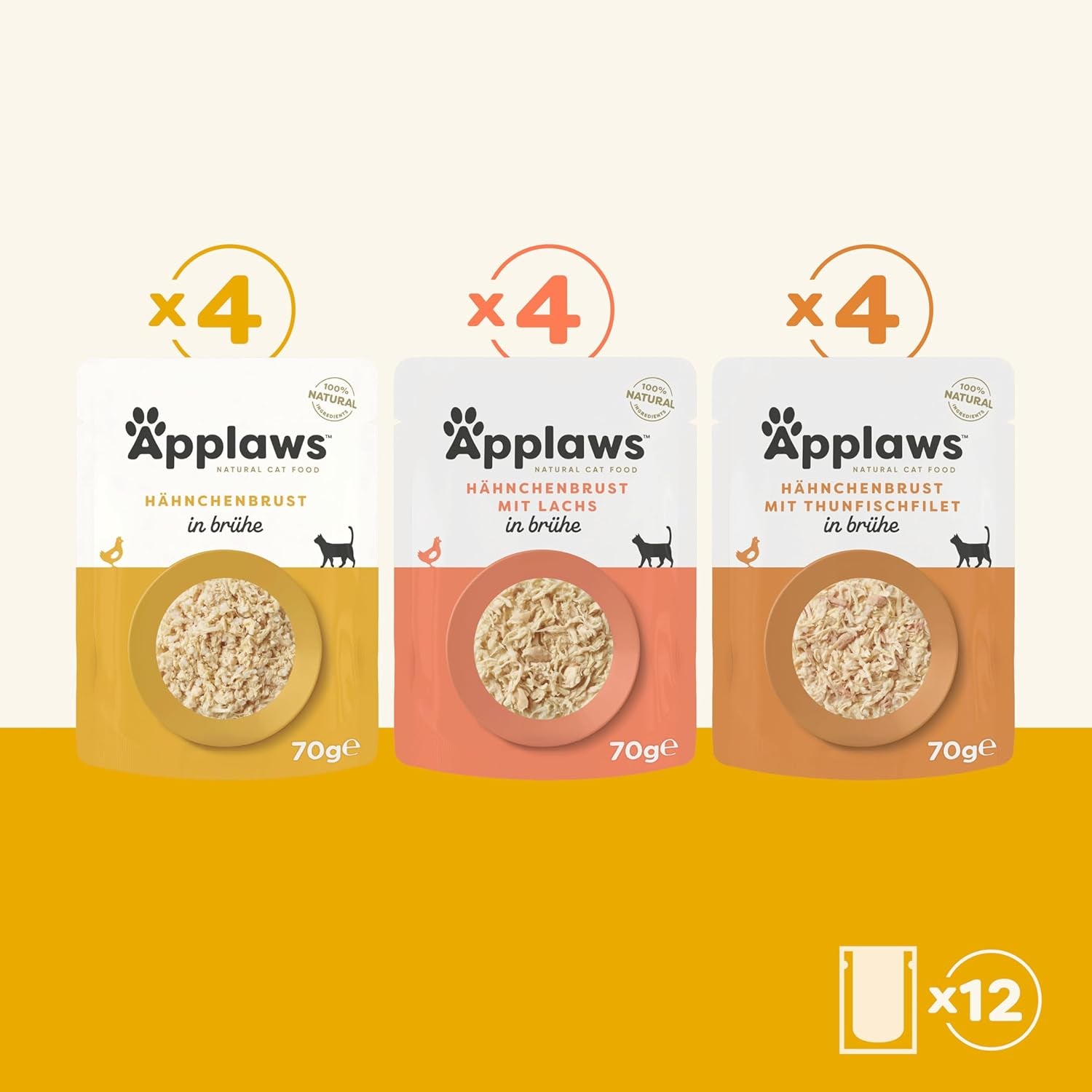 Applaws Hrană umedă naturală pentru pisici, pliculețe, pachet multiplu, selecție de pui în bulion - 12 pliculețe x 70g