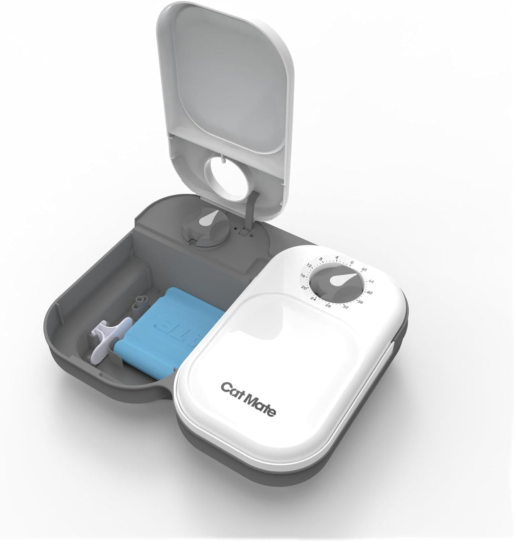 Cat Mate C200 Hrănitoare automată pentru 2 mese cu cronometru (401) - pentru pisici și câini mici, inclusiv baterie de răcire pentru hrană umedă și uscată, mese de până la 400 g fiecare, alb