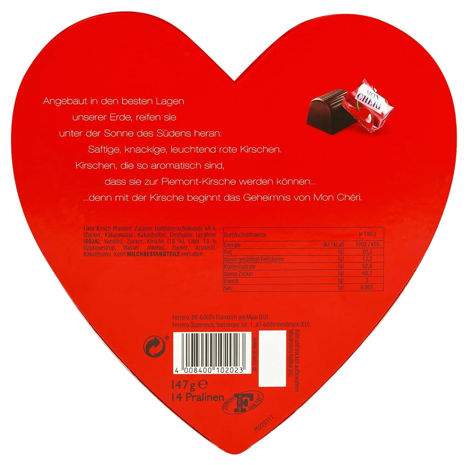 Ferrero Mon Chéri Heart – Schokoladengeschenk zum Valentinstag für Sie und Ihn – Knusprige Schokolade, fruchtiger Likör und aromatisierte Kirschen – Für Valentinstag, Muttertag und Ostern – 1 Packung à 147 g