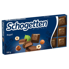 Schogetten Nougat Schokoriegel 100g, einzeln portioniert. Eine Freude. Stück für Stück.