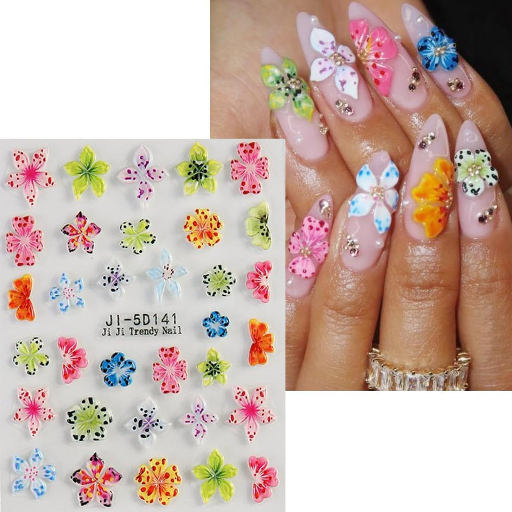 JMEOWIO 3D Nagelsticker Colorful Flower Nail Art Sticker Selbstklebend Nagelaufkleber 5D Stereoskopisch Spring Summer Floral Dekoration Nageldesign Zubehör 4 Blatt