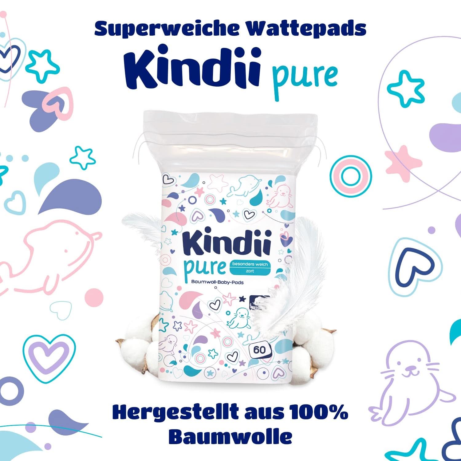 Kindii Pure Baby Pads – 100 % Baumwolle – Große quadratische Pads für empfindliche Haut – Ersetzt Feuchttücher – Weich – Weiche Kanten Baby-Feuchttücher Naty Shop