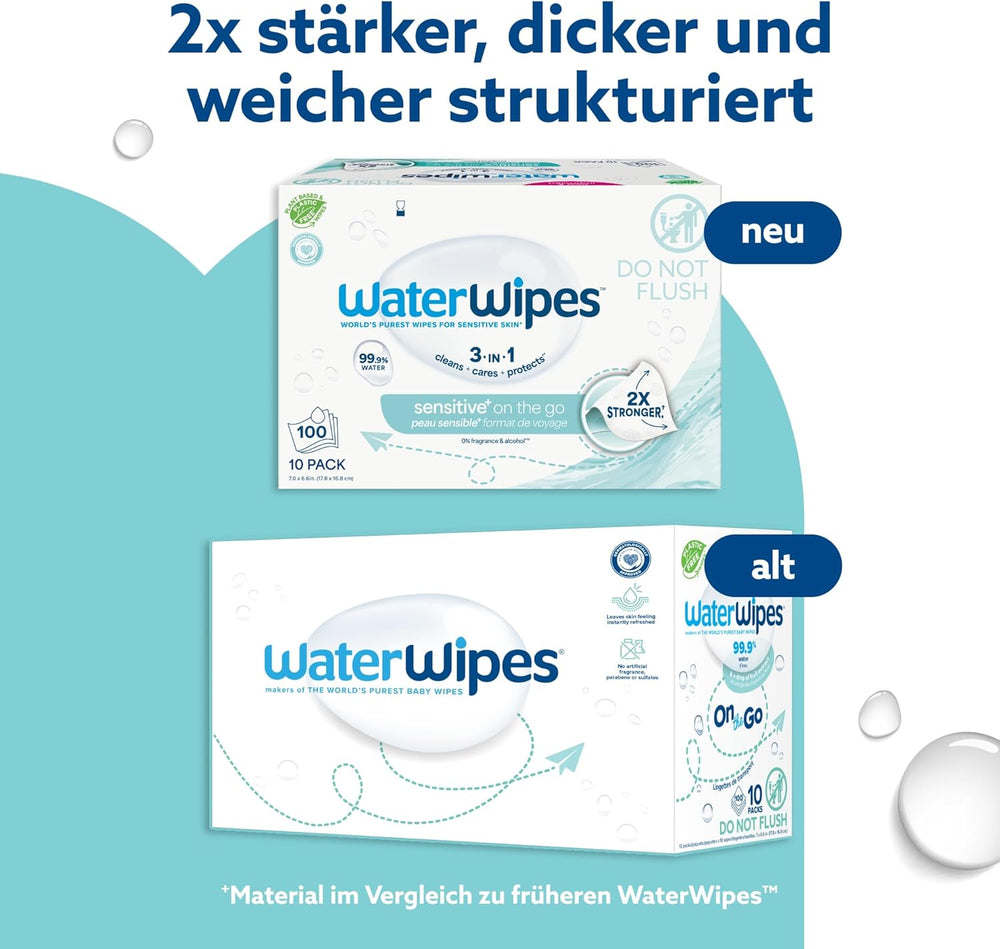 WaterWipes Sensitive+ Feuchttücher für unterwegs, 100 Tücher (10er-Pack), 3-in-1 reinigt, pflegt, schützt, 99,9 % Wasser, parfümfreie Tücher