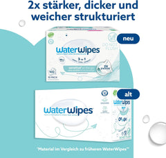 WaterWipes Sensitive+ Feuchttücher für unterwegs, 100 Tücher (10er-Pack), 3-in-1 reinigt, pflegt, schützt, 99,9 % Wasser, parfümfreie Tücher