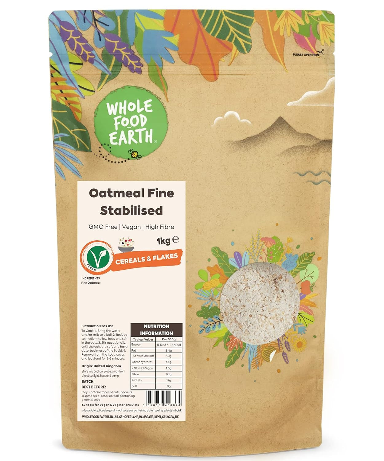 Wholefood Earth Fine Oats – gentechnikfrei – vegan – milchfrei – ohne Zuckerzusatz 1 kg