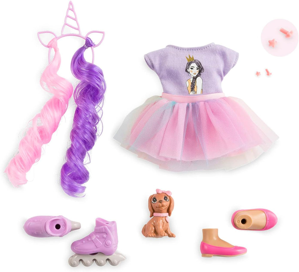Corolle 9000600030 - Girls Luna Einhorn Set, Knöchelpuppe im Sommeroutfit mit Hund, mit Haarband, Ohrringen und extra Gummistiefel, 28cm Spielpuppe mit Vanilleduft, ab 4 Jahren