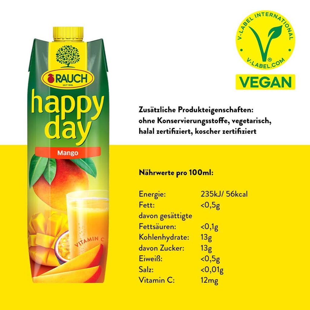 Rauch Happy Day Mango | Băutură rafinată cu fructul pasiunii | O mulțime de vitamina C | 6 x 1 litru, Tetra Prisma Naty Shop