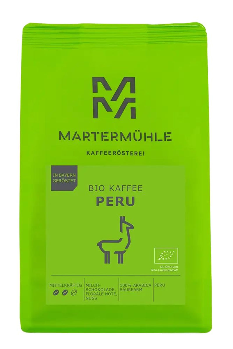 Martermühle Peru Bio Kaffeebohnen 1kg mittelkräftig I Arabica I Aromen: Milchschokolade, Florale Note, Nuss I Ganze Bio Kaffee-Bohnen schonend geröstet, säurearm