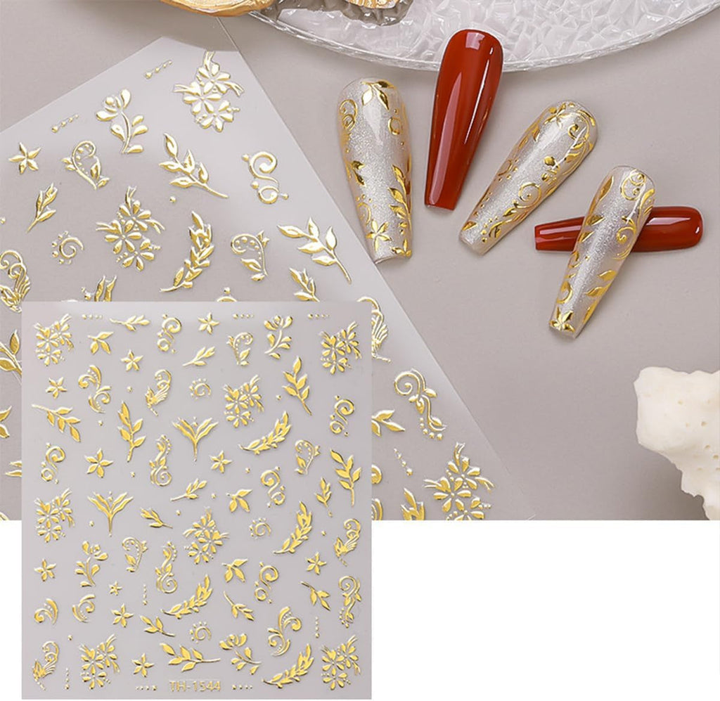 JMEOWIO Nagelsticker Goldene Blumen 8 Blatt Nail Art Sticker Selbstklebend Nagelaufkleber Dekoration Nageldesign Zubehör