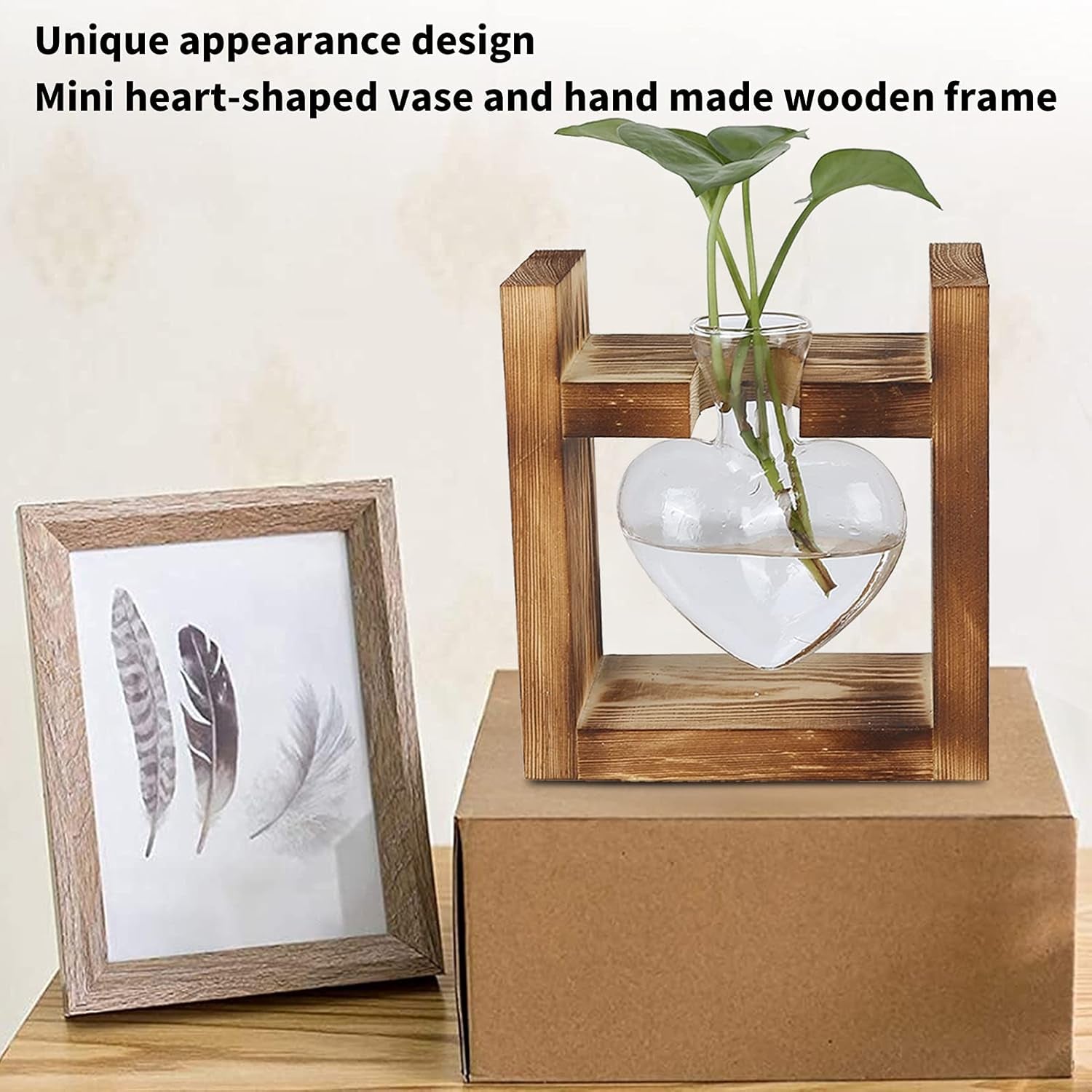 Holzständer-Pflanzenterrarium, herzförmige Tischvase, klare Glas-Hydrokulturpflanzen für Hausgarten-Dekoration, Hydrokultur-Blumendekoration für Büro, Wohnzimmer, Küche (A)