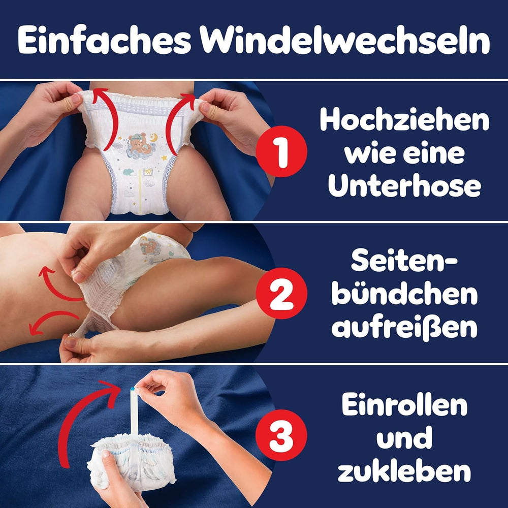 Pampers Night Pants Windeln der Größe 6, 138 Stück, 13 kg–19 kg, bieten zusätzlichen Schutz für die ganze Nacht.