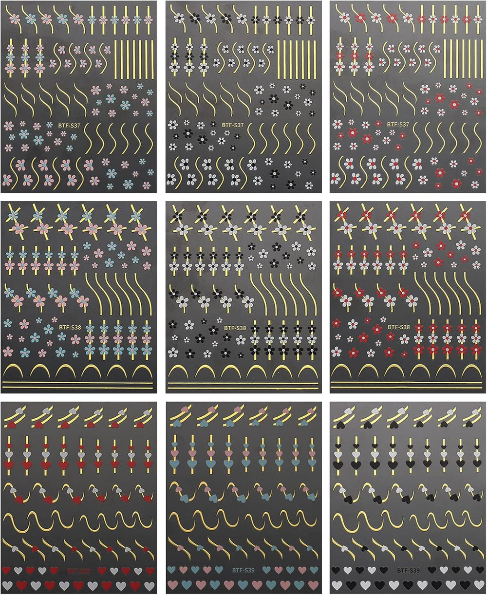 JMEOWIO Nagelsticker Herz Linien Blumen 9 Blatt Nail Art Sticker Selbstklebend Nagelaufkleber Bunte Dekoration Nageldesign Zubehör