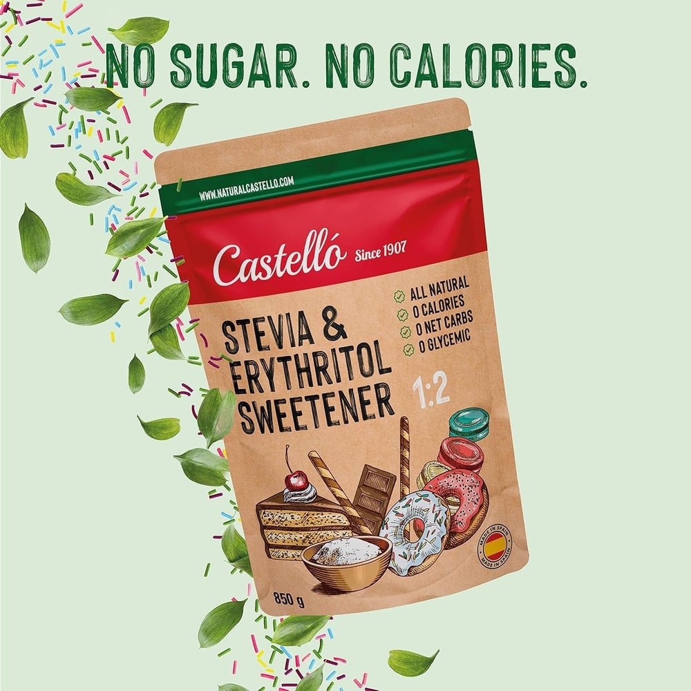Stevia + Erythritol 1:2 Süßstoff | 1G = 2G Zucker | 100% Natürlicher Zuckerersatz - 0 Kalorien - 0 Glykämischer Index - Keto Und Paleo - 0 Netto-Kohlenhydrate - Kein GVO - Castello seit 1907 - 850 G Süßstoffe Naty Shop