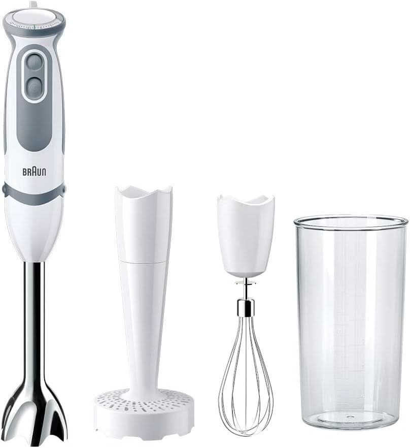 Braun Stabmixer MQ 5200WH - Multiquick 5 Vario Pürierstab Mit Edelstahl Mixfuß, 1000 Watt, Inkl. 600 ml Mix- & Messbecher, Weiß/Grau Kitchen Naty Shop Version 2019 – Kartoffelstampfer