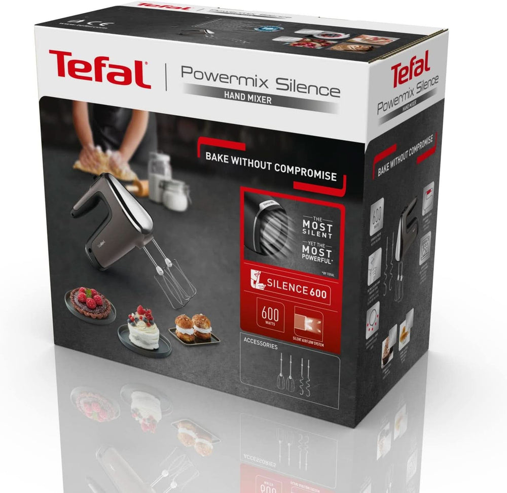 Tefal HT650E Power Mix Silence Handmixer | 600 Watt | Variabler Geschwindigkeitsregler | Turbo- und Auswurf-Funktion | Extremer Freizeitmotor | inkl. 2 Rührbesen und 2 Knethaken | Wheat Kitchen Naty Shop