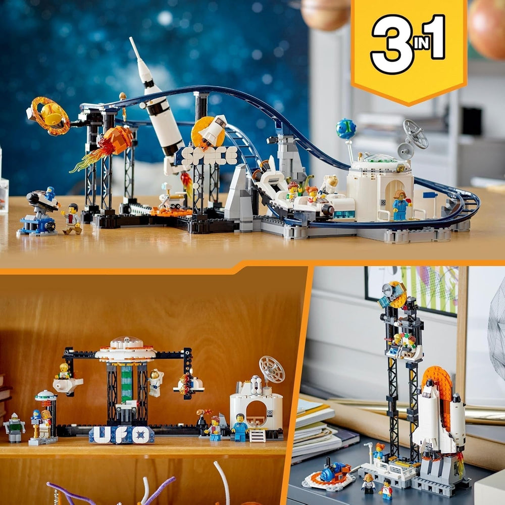 LEGO 31142 Creator 3-in-1-Weltraum-Achterbahn-Spielzeugset für Kinder mit funktionierenden Wagen, lässt sich in einen Freifallturm oder ein Karussell mit Raketen und leuchtenden Steinen umbauen. Besuchen Sie den LEGO-Store