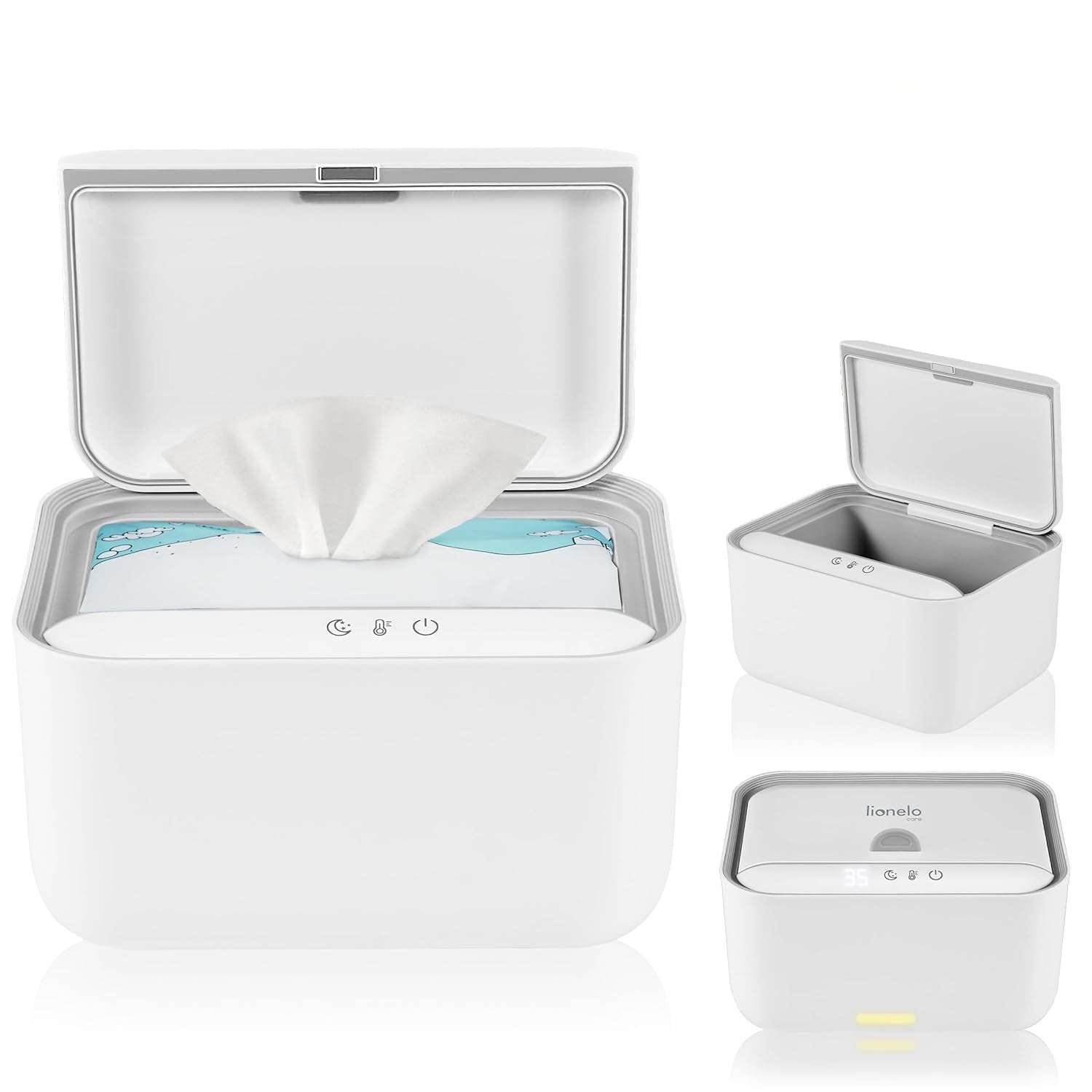 Încălzitor Lionelo BABYBLISS 20W pentru șervețele umede și prosoape mici, 20W pentru bebeluși, lumină de noapte încorporată, 3 setări de căldură, panou tactil, menține șervețelele umede