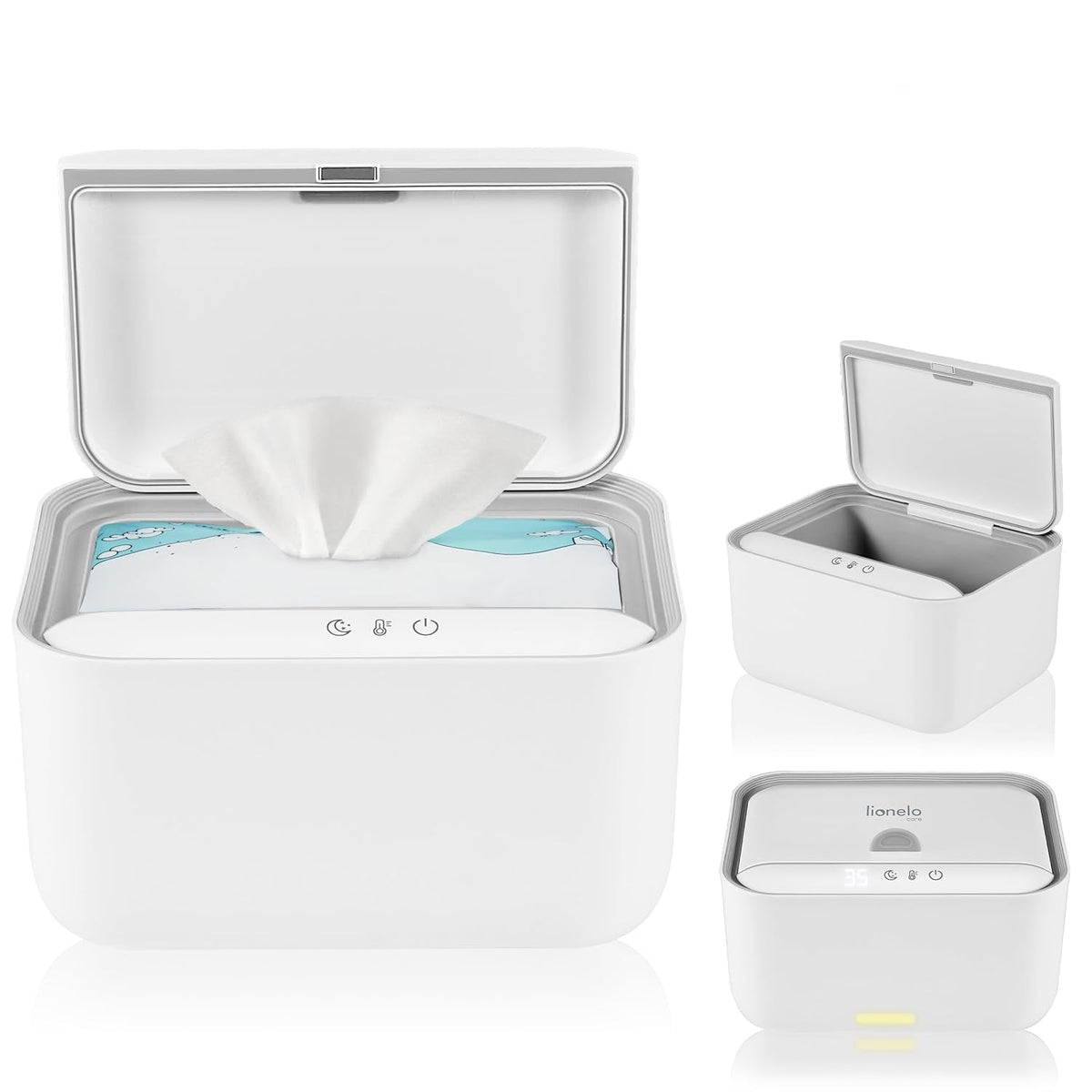 Încălzitor Lionelo BABYBLISS 20W pentru șervețele umede și prosoape mici, 20W pentru bebeluși, lumină de noapte încorporată, 3 setări de căldură, panou tactil, menține șervețelele umede