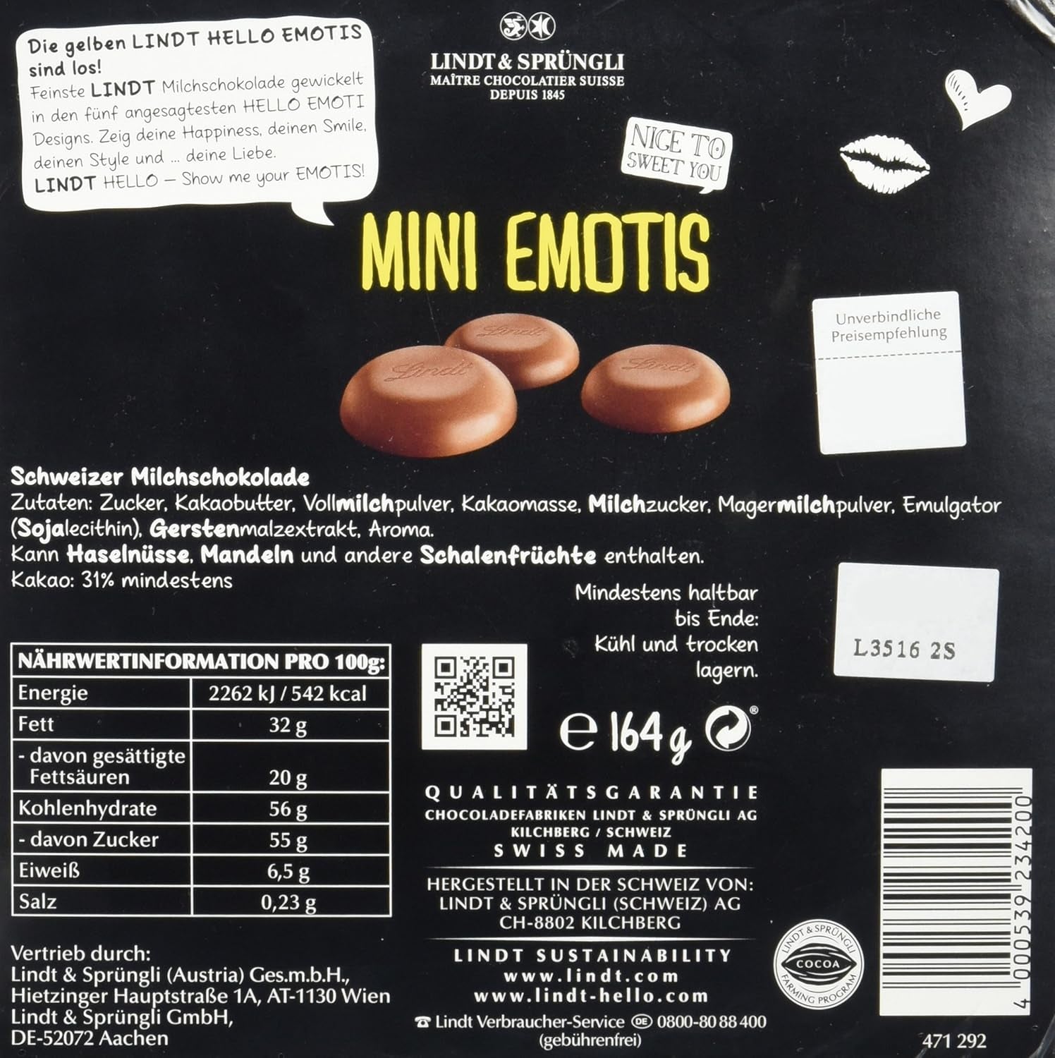 Schokoladensortiment (37 LINDOR Kugeln, 24 Hello Mini Sticks, 10 Mini Fioretto), Schokoladengeschenk (1 x 815 g) und HELLO Mini Emoti, Milchschokolade in 5 Emoticon-Designs, 164 g