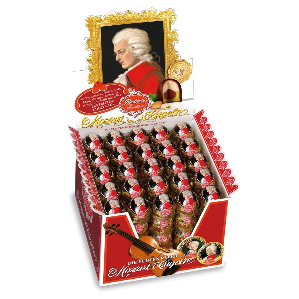 Reber Mozartkugeln, Geschenkbox 4x45, dunkle Schokoladenkugeln gefüllt mit Pistazien, Marzipan, Mandeln und Haselnussnougat, 3,6 kg (180 Stück)