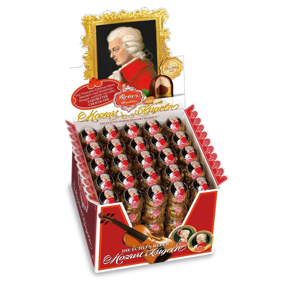 Reber Mozartkugeln, Geschenkbox 4x45, dunkle Schokoladenkugeln gefüllt mit Pistazien, Marzipan, Mandeln und Haselnussnougat, 3,6 kg (180 Stück)